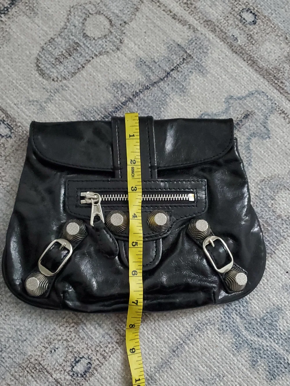 Balenciaga Shiny Black Leather and Silver Pouch Flap Clutch Bag With Mirror